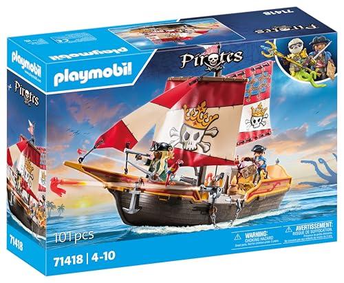PLAYMOBIL Pirates 71418 Barco Pirata, emocionantes Aventuras en Alta mar, con Accesorios completos como un telescopio, brújula y cañones, Juguetes para niños a Partir de 4 años