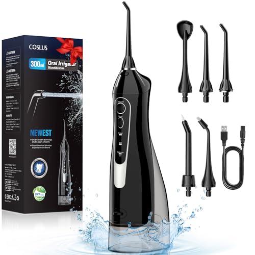 58% DESCUENTO COSLUS Irrigador Bucal Portatil Flosser: 300ML Irrigador Dental Inalámbrico de Riego para Limpieza Dental Doble chorro de agua IPX7 Impermeable Limpieza Diente Para el Hogar baño y los Viajes Negro