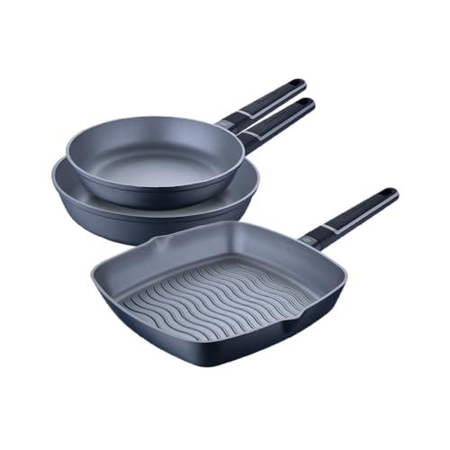 MasterPRO Indigo Juego de 3 Sartenes de 20, 26 y 28cm Fabricados en Aluminio Fundido Interior Pfluon 2 Capas Antiadherente Mango Azul Oscuro Soft Touch Punto Induccion