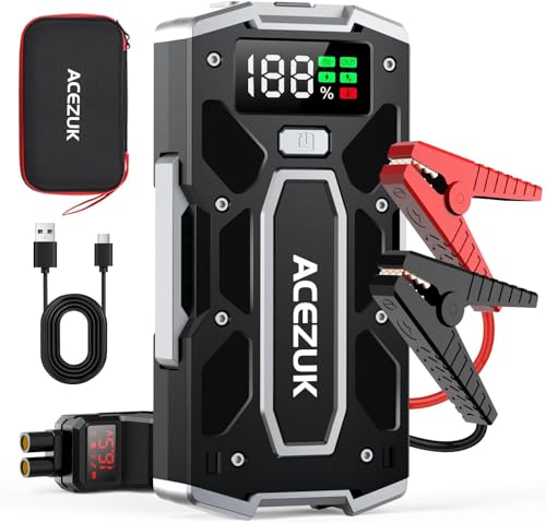 ACEZUK Arrancador de Coches 6000A, Arrancadores de Bateria de Coche Portátil(hasta 8.0L de diésel o 10.0L de Gasolina), 12V Jump Starter, Pinzas Inteligentes con Pantalla, Luz LED, Puerto QC3.0