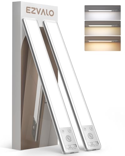 EZVALO Luz LED con Sensor Movimiento 25CM, Luz Armario con 3 Temperaturas Color, 1900mAh Luces Led Cocina bajo mueble Recargables para Cocina/Armario/Dormitorio/Pasillo (2 Piezas)