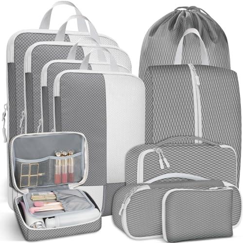 Avmvnvc Organizador Maleta, 10PCS Organizador de Equipaje, Organizador de Maleta de Compresión, Bolsas Organizador Maleta Viaje, Impermeable Packing Cubes, Bolsa de Ropa Zapatos Cosméticos, Gris