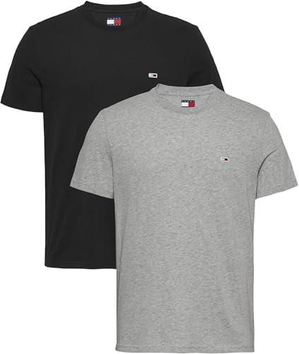 31% DESCUENTO Tommy Jeans Camisetas de Manga Corta Pack de 2 Hombre Xslim Jersey de algodón, Multicolor (Grey Htr/Black), M