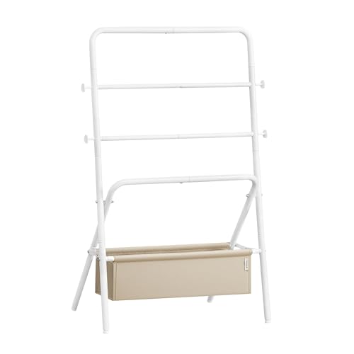 65% DESCUENTO VASAGLE Toallero de Pie, Estante para Mantas, Plegable, 4 Ganchos, Bolsa de Tela, 98,6 cm de Altura, para Dormitorio, Sala de Estar, Baño, Blanco Perla y Marrón Camello LLS020W01