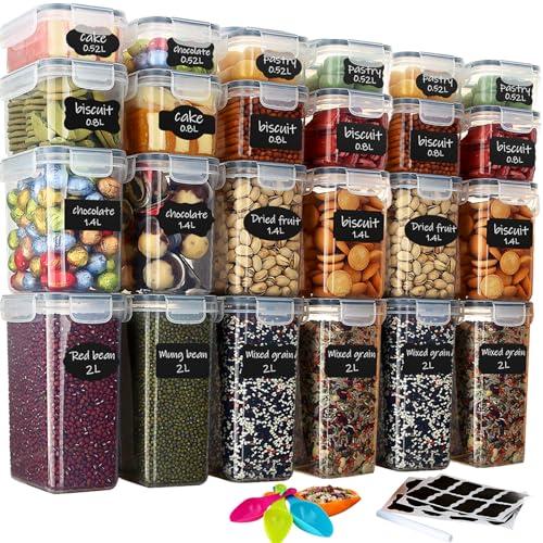 Hibisaws Juego de 24 recipientes herméticos de plástico sin BPA para organizar la cocina, con tapas resistentes, ideales para azúcar, cereales o harina