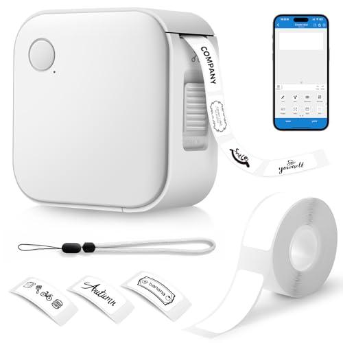 AiQInu Etiquetadora Bluetooth, Impresora de Etiquetas Portátil con 1 Rollo de Etiquetas, para Almacenamiento, Envío, Código de Barras, Organización, Blanco, Compatible con iOS y Android