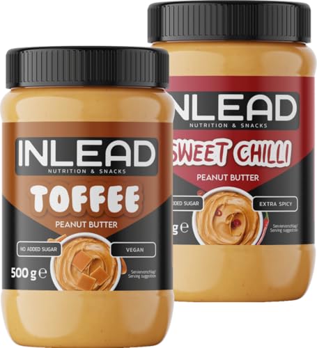 INLEAD Peanut Butter | Mantequilla de cacahuete cremosa y sin azúcar, sin aceite de palma | Rica en proteínas | Aperitivo ideal para picar entre horas 2x 500g (MIX Toffee + Sweet Chili)
