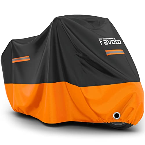 67% DESCUENTO Favoto Funda para Moto Cubierta de Moto 210D Impermeable Protectora con Banda Reflectante a Prueba de Sol Lluvia Polvo Viento Nieve Excremento de Pájaro al Aire Libre, Negro+Naranja 265x105x125cm