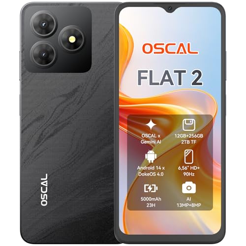 OSCAL 2025 Flat 2 Movil Gemini Ai Android 14 12GB+256GB/2TB TF, 6.56″ 90Hz Smartphone, Batería 5000mAh, Cámara 13MP+8MP, 4G Dual SIM, Octa Core/Face ID/OTG/GPS/3 Años Garantía   Negro
