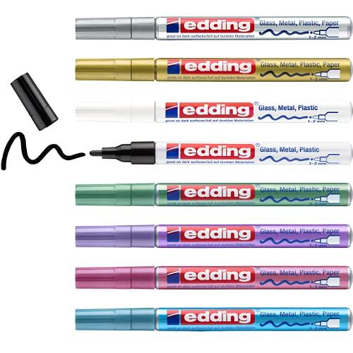 edding 751 marcador de tinta opaca brillante multicolor, metálico 8 rotuladores punta redonda 1 2mm para vidrio, piedras, madera, plástico, papel color permanente