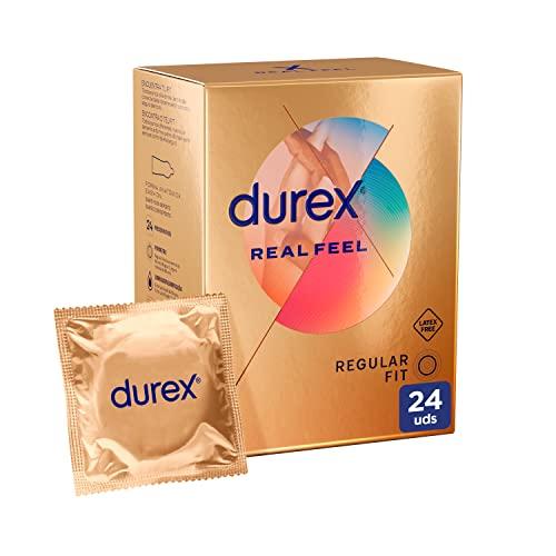 Durex Preservativos Real Feel, Extra lubricados, Sin Látex, Forma Easy On, 24 condones