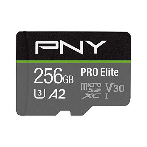 PNY Tarjeta de Memoria microSDXC Pro Elite 256GB + Adaptador SD, Clase 10 UHS I, U3, V30 para vídeo de 4K, A2 App Performance, hasta 100MB/s de Velocidad de Lectura