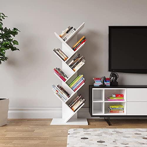41% DESCUENTO YITAHOME Estantería de árbol, estante de pie para libros, estantes altos de madera industriales, estanterías de almacenamiento para sala de estar, oficina en casa, estantería blanca