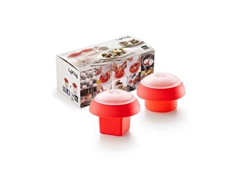 Lékué Kit 2 Moldes Cocedor de huevos para microondas o baño maría, silicona platino Rojo, Cúbico y cilíndrico 100 ml x 2