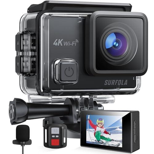 Surfola Cámara Deportiva 4K 30FPS, 20MP Videocámara de Casco WiFi con EIS Antivibración, Subacuática Buceo 40M con Micrófono Dual, Control Remoto, 2 Baterías, Varios Accesorios