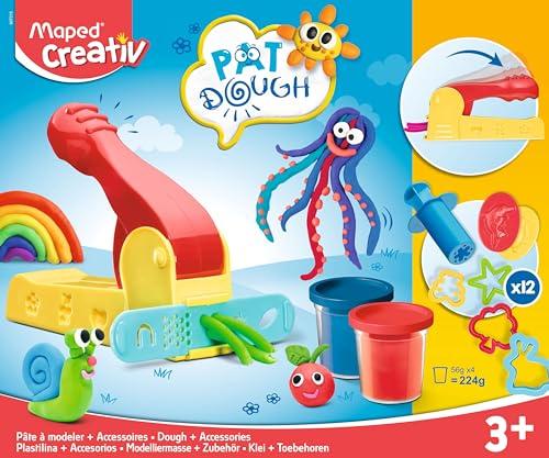 Set de Manualidades para Niños Pat Dough 4 Botes + 12 Accesorios A Partir de 3 Años Textura Suave y No Pegajosa Incluye 1 Prensa de Mano, 6 Moldes, 1 Cuchillo y 2 Extrusoras