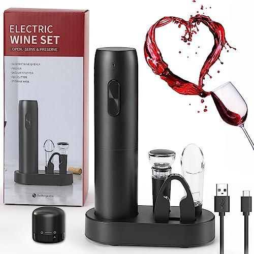 ZOYIDOUX Sacacorcho electrico recargable 7 en 1 Juego de regalo, Abridor de vino electrico con base de Carga,Cortador,Tapón de vacío de silicona,Tapón para vino,Vertedor,Línea USB