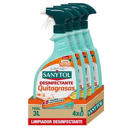 Sanytol Limpiador Desinfectante Quitagrasas Para Cocina, Limpia, Elimina Bacterias, Hongos y Virus Sin Lejía, 100% Poder Antigrasa, Perfume Limón Pack de 4 x 750 ml = 3 L