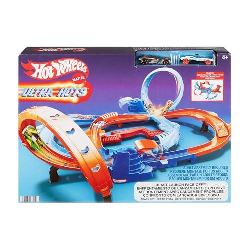 60% DESCUENTO Hot Wheels Ultra Hots, Conjunto de pista de carreras de juguete con 2 vehículos a escala 1:64, con acrobacias y enfrentamientos entre vehículos y 2 lanzadores activados por los más pequeños, HXR71