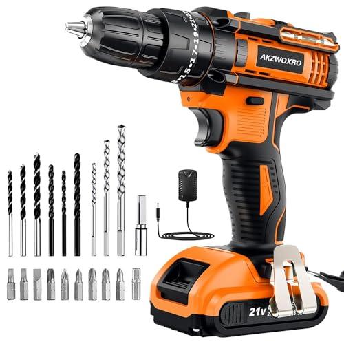 AKZWOXRO Taladro Percutor a Bateria 21V, Taladro Atornillador Bateria con 2.0Ah Batería, Atornillador Electrico 42Nm, 25+3 Ajuste de Par, 22 Accesorios, 2 Velocidad, LED Luz Para Hogar, Bricolaje