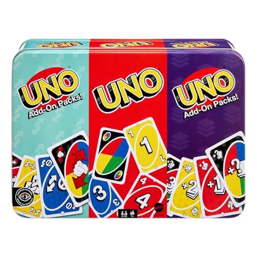 33% DESCUENTO Mattel Games UNO con 2 Packs de expansión y Caja metálica Coleccionable para niños, Adultos y Noches de Juegos en Familia, De 2 a 10 Jugadores, JCV60