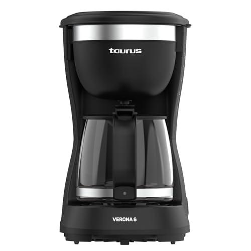 Taurus Cafetera de Goteo Verona 6, 600W, 600 ml, Intense Flavour Tech, Placa Calefactora, Filtro Permanente Lavable, Jarra Cristal Antigoteo, Diseño Compacto Negro Mate, BPA Free