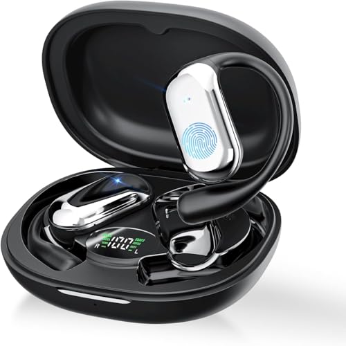 Auriculares Oreja Abierta Bluetooth 5.4, Auriculares Inalámbricos Deportivos con Gancho, Reproducción de 50H Pantalla LED, Cascos con micrófono Incorporado, IP7 Impermeable Apto para deportes(Negro)
