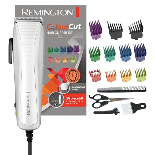 40% DESCUENTO Remington Máquina de Cortar Pelo ColourCut Cortapelos con Cable, Cuchillas de Acero Inoxidable, 9 Peines, Palanca Selección Longitud, 4 Accesorios: Tijeras, Peine, Cepillo Limpieza y Cuello HC5035