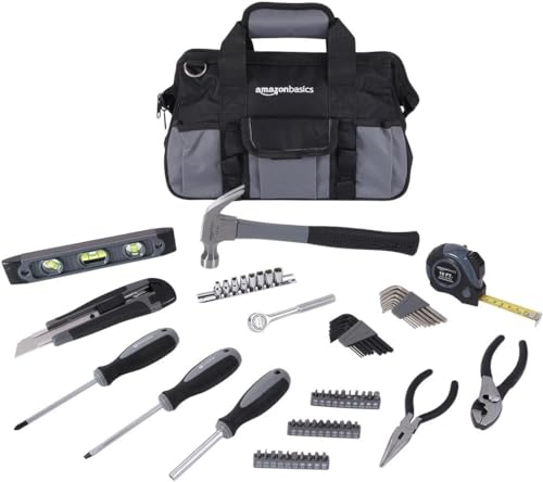 Amazon Basics Juego de herramientas básicas de reparación para el hogar, 65 unidades, con bolsa, plateado, negro