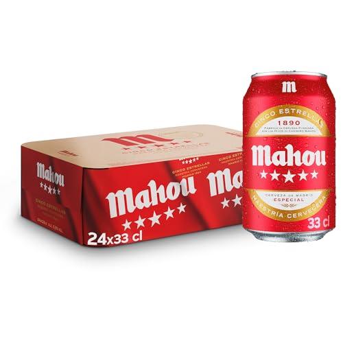 Mahou 5 Estrellas, Pack de 24 Latas x 33 cl, Cerveza Especial Dorada Lager, Sabor 5 Estrellas, 5,5% Volumen de Alcohol