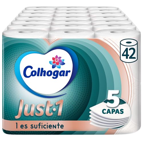 Colhogar Just 1 x42 Papel Higiénico Extra Absorbente Paquete con 6 Rollos Papel de Baño de 5 Capas Ultra Suave para Máximo Confort Blanco (7×6)