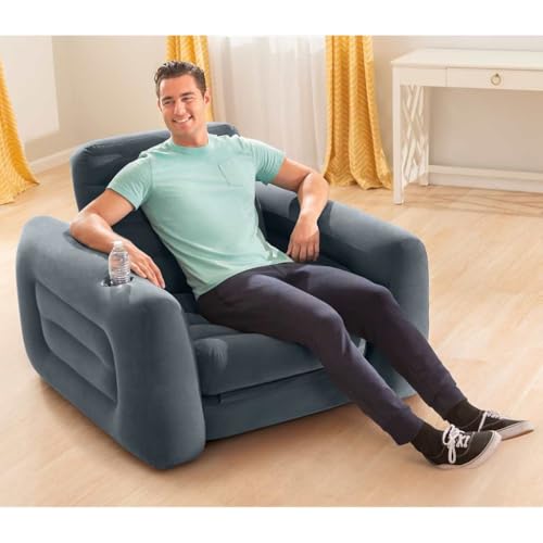 45% DESCUENTO INTEX 66551NP Sillón cama hinchable 2 en 1, para Relax, con Reposabrazos, Poliuretano, Gris