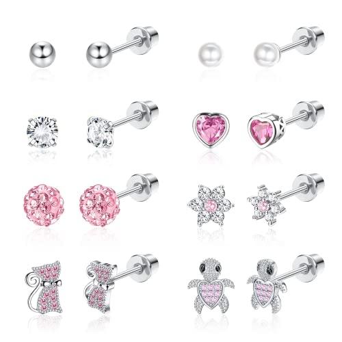 CASSIECA 8 Pares Pendientes Niña Aretes Tuerca Hipoalergénicos para Mujeres Niñas Acero Inoxidable 316L con Circonita Cúbica en Forma Corazón Estrella Pendientes Hipoalergeniños Mujer