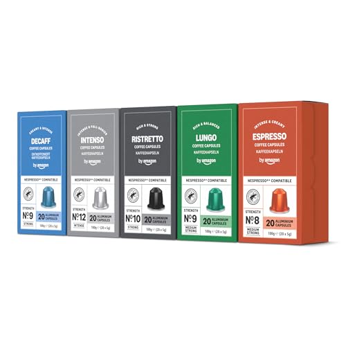 23% DESCUENTO by Amazon Cápsula de café Paquete Variado compatibles con Nespresso, 100 Unidad, 5 Paquetes de 20, Certificado por Rainforest Alliance