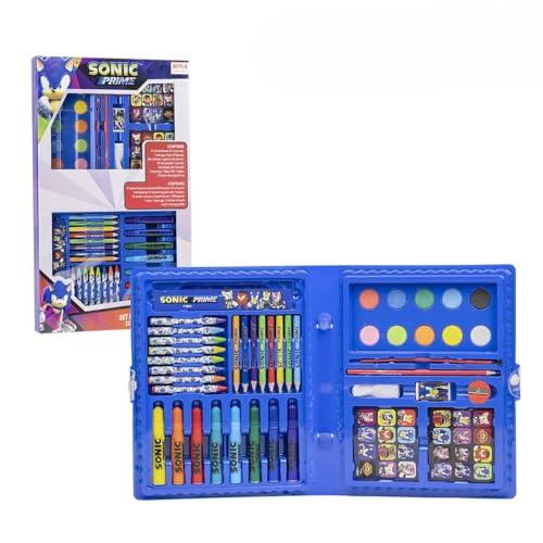 49% DESCUENTO Caja para Colorear de Sonic Incluye Rotuladores y Lapiceros de Colores, Acuarelas y Pegatinas Regla para Hacer Trazos Definidos Kit de Material Escolar Producto Original Diseñado en España