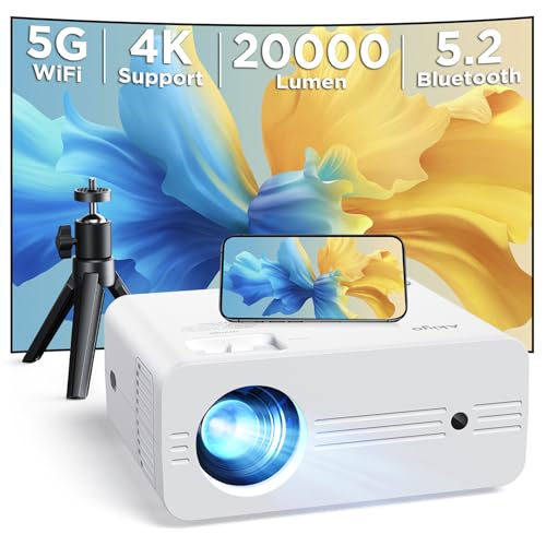 Proyector 4K WiFi Bluetooth 20000 Lúmenes Full HD 1080P, AKIYO Proyector 4K Soporte Proyector Portátil WiFi6 Cine en Casa/Exterior para Teléfono/TV Stick/PS5 HDMI USB (Trípode Incluido)