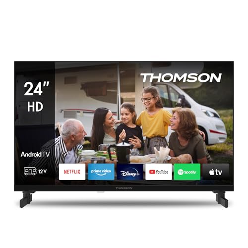 THOMSON 24 Pulgadas (60 cm) LED HD 12V Camping Smart Android TV, Google Assistant, Wi Fi, Dolby Digital, Bluetooth, Triple Tuner (Cable/Satélite/Antena), HDMI, Ci+, A+ Panel 24HA2S13C