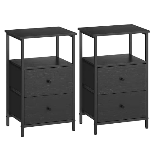 23% DESCUENTO VASAGLE Juego de 2, Mesita de Noche, Mesa Auxiliar con 2 Cajones de Tela, Mesilla Alta de 61 cm con Estante de Almacenamiento, Salón, Dormitorio, Ceniza, Tinta y Negro Mate LGS225B21, 38 x 28 x 61 cm