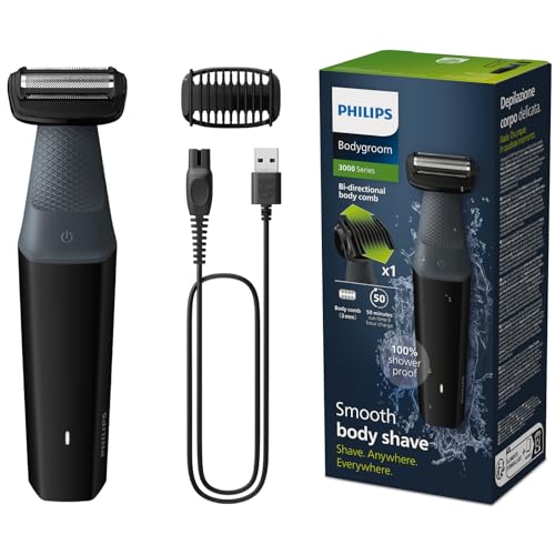 40% DESCUENTO Philips BG3017/01 Afeitadora Corporal Masculina, Bodygroom Serie 3000, Impermeable, con 1 Peine guía, 50 min de Autonomía, Gris/Negro