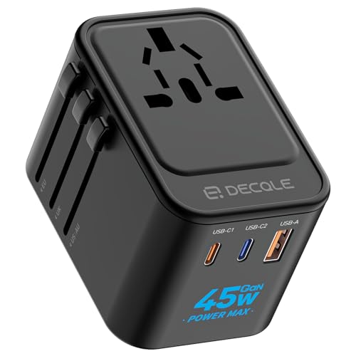 22% DESCUENTO decqle Adaptador Enchufe Universal, Adaptador de Viaje con 2 USB C(GAN 45W) y 1 USB A, Adaptador Universal para EU, Reino Unido, Americano, Canadá, Australia& 224+País(Negro)