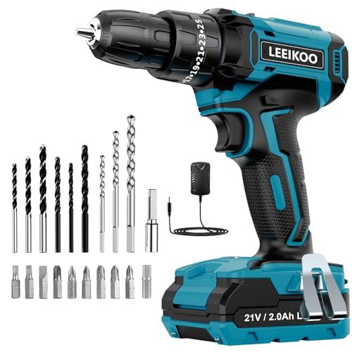 Taladro Percutor a Bateria 21V, LEEIKOO Taladro Atornillador Bateria, 42N.m Atornillador Electrico con Batería 2.0Ah, 25+3 Ajuste de Par, 24 Accesorios, 2 Velocidad, LED Luz Para Hogar, Bricolaje