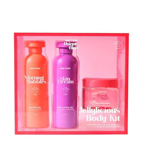 47% DESCUENTO Beter Set Cuidado Corporal Jellylicious Body, Set de Ducha 3 Piezas con Gel de Baño, Exfoliante Corporal y Gelatina Hidratante, Aroma de Melocotón, Ideal para Revitalizar la Piel, Set Regalo