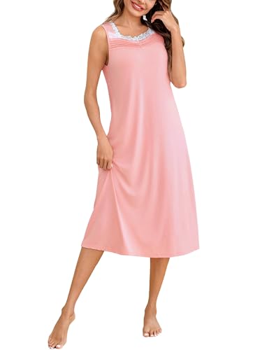 Bresdk Camisón Mujer Verano Sin Mangas Camisones Encaje Largo Elegante Suave Ropa de Noche S XXLRosa XL