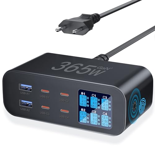 25% DESCUENTO 365W Cargador USB C Multiple con Pantalla LED, YSYFAD 6 Puertos Estacion de Carga PD Carga USBC Carga Rapida Cargador USB C 100W QC USBA para Macbook Portátiles i Phone Pad, Negro