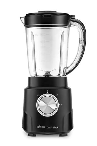 Ufesa Coral Black Batidora de Vaso, 600W Potencia, Jarra de Cristal 1.5L, 4 Cuchillas Extraibles de Acero Inoxidable, 2 Velocidades + TURBO
