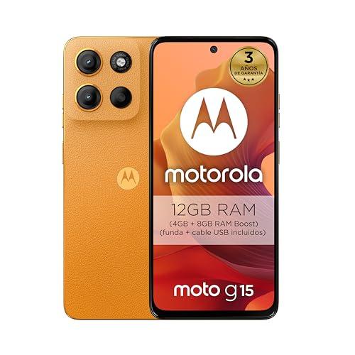 Motorola Moto g15 12GB (4GB+8GB RAM Boost)/128GB Naranja, España, Pantalla de 6,72” FHD+, Sistema de cámaras de 50 MP y Objetivo Ultra Gran Angular, Batería 5200 mAh, Carga TurboPower, Cuero Vegano