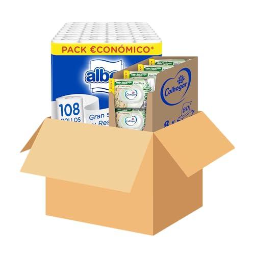 Lote Colhogar: Papel Higiénico Húmedo Aloe 8×80 (640 uds) + Albor 108 Rollos Papel Higiénico Suave 2 Capas 100% Sin Perfume