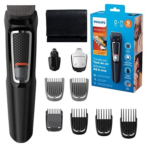 Philips Recortadora de Barba Serie 3000, Barbero, Máquina Cortar Pelo, Cortapelos Hombre, Kit 9 en 1 Para Cara, Pelo, Orejas y Nariz, 60min de uso, En Seco y Húmedo, Recargable, Funda, MG3740/15