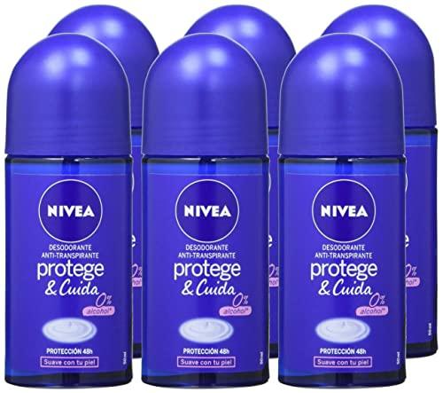 NIVEA Protect & Care Roll on en pack de 6 (6 x 50 ml), desodorante antitranspirante con el aroma de NIVEA Creme, desodorante roll on con 0% alcohol