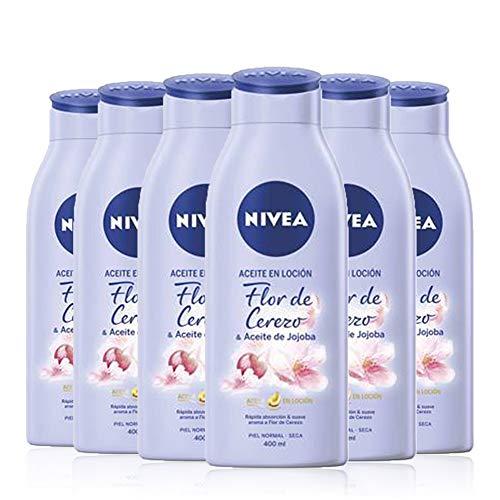 64% DESCUENTO NIVEA Aceite en Loción Flor de Cerezo & Aceite de Jojoba en pack de 6 (6 x 400 ml), loción corporal de rápida absorción, loción para el cuidado de la piel seca y normal
